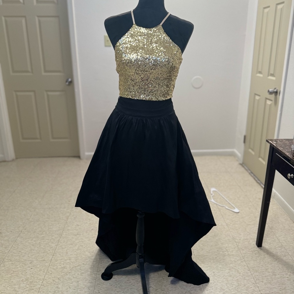 Gold sequined top half, middle is mesh, black bottom short to long